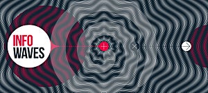 Abstract vector wave background made with linear Moire, op art effect surreal texture, sound and music waves theme, black and