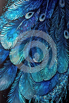 Abstract vertical background with beautiful blue feathers on the black