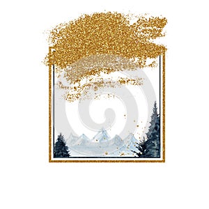 Abstract Vertical navy blue and gold mountains hand painted watercolor background. Winter Mountain landscape, christmas