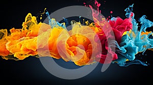 Abstract vibrant colorful splash on dark background artistic smoke, water or paint pattern