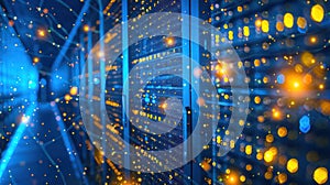 Server Room Data Center with Glowing Lights Connecting the Network for Cloud Computing