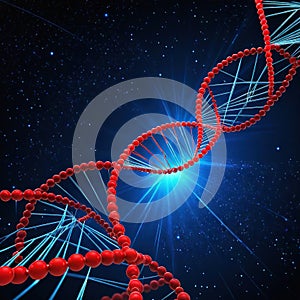 Abstract view of genome and dna molecular chain in red and colored dna