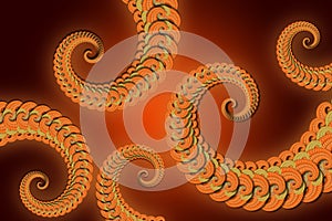 Abstract view if swirling orange tentacle like patterns, on a glowing dark orange background