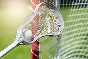 Abstract view of a lacrosse stick scooping up a ball. Sunny day