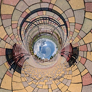 Abstract view of little planet transformation of spherical panorama 360 degrees. Spherical abstract aerial view on wooden bridge.