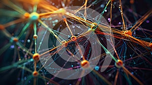 Neural network dynamics visualized with interconnecting nodes, synaptic patterns, and information flows - AI generated