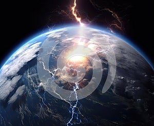 Abstract view of the planet Earth in outer space with lightning strikes at it.