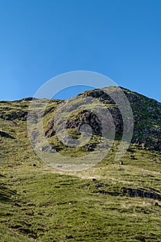 Abstract View Up a Rugged Highland Hillside with Cloudless Blue Sky Above