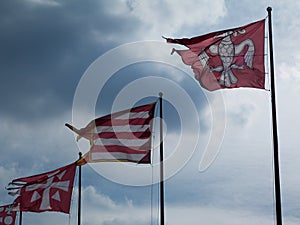 colorful red and white flags in abstract view with cloudscape