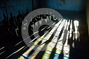abstract view of wine bottle shadows on cellar floor