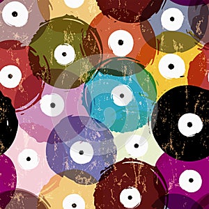 Abstract vinly records seamless background pattern, with circles, paint strokes and splashes, gungy