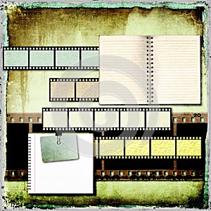 Abstract vintage background with old open books and film strip.