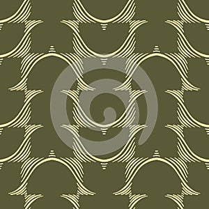 Abstract vintage seamless pattern. Simple minimal textured wavy lines on dark green background. Minimalistic classic