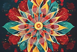 Abstract vintage sunlight of red yellow blue and green flowers background with a star in the center Carnival circus style for