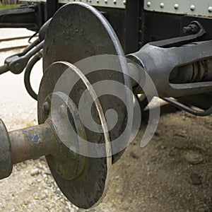 Abstract vintage transportation background featuring Old style hook railway coupling and buffers