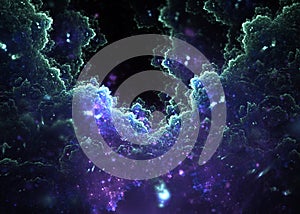 Abstract violet fractal clouds hole on black background