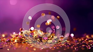 Abstract violet and gold shiny Christmas background with glitter and confetti. Holiday bright purple blurred backdrop