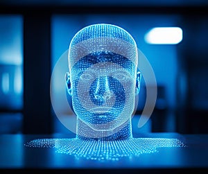 Abstract virtual artificial Intelligence interface with human head hologram on a modern furnished office background. Multiexposure