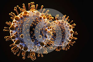 Abstract virus cell on a black background, representing the microscopic world of biology and the danger of contagious diseases