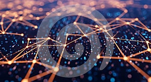 Abstract Network Of Glowing Orange Lines And Blue Dots On A Dark Background connection technology