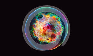 Abstract visual effect of red and blue smoke within sphere. Optical orbit 3D render