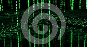 Abstract Digital Data Flow Green Binary Code Matrix and Futuristic Grid Landscape