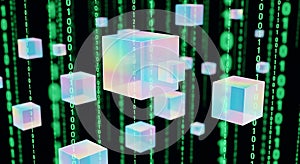 Digital Data Cubes Falling Through Binary Code Stream, Futuristic Technology Concept