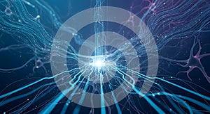 Abstract Visualization of AI and Data Flow within a Neural Network, Featuring Brilliant Blue Glowing Lines and Energy Pathways