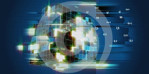 Abstract visualization analyze algorithm big group cubes data. Quantum virtual cryptography.  Virtual reality concept with