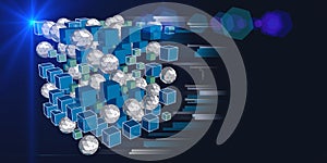 Abstract visualization analyze algorithm cubes and spheres. Quantum virtual cryptography. Virtual reality concept with wireframe