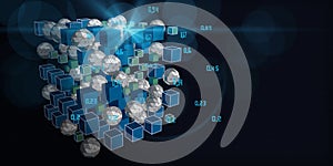 Abstract visualization analyze algorithm cubes and spheres. Quantum virtual cryptography. Virtual reality concept with wireframe