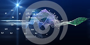 Abstract visualization analyze algorithm wavy grid data. Artificial intelligence. Quantum virtual cryptography concept with