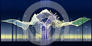 Abstract visualization analyze algorithm wavy grid data . Artificial intelligence. Quantum virtual cryptography concept with