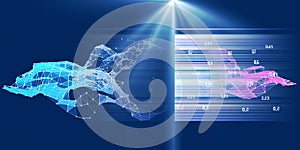 Abstract visualization analyze of artificial intelligence algorithm.  Quantum virtual cryptography concept with colorful grid and