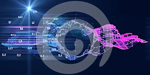 Abstract visualization analyze of artificial intelligence algorithm.  Quantum virtual cryptography concept with colorful grid and