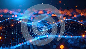 Abstract Visualization of Big Data and Global Digital Network Connectivity Featuring Bright Blue Mesh Structures and Glowing