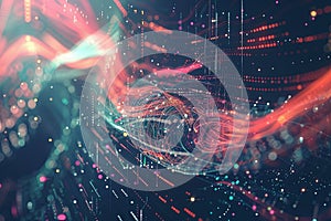 An abstract visualization of big data streams, complex graphs, and digital interfaces representing AI data processing