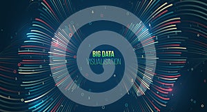 Abstract visualization of big data streams with glowing binary code lines and colorful digital waves on a dark background. Concept