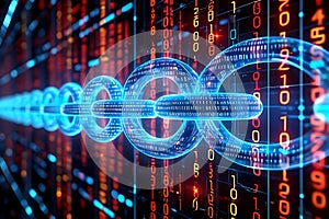 A glowing blue blockchain chain with binary code