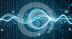 Digital wave flowing through binary code matrix