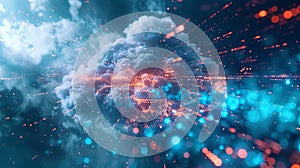 An abstract visualization of cloud computing with digital elements representing data processing and AI operations in the