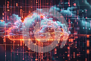 An abstract visualization of cloud computing with digital elements representing data processing and AI operations in the