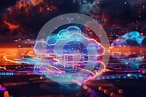 An abstract visualization of cloud computing with digital elements representing data processing and AI operations in the