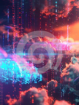 An abstract visualization of cloud computing with digital elements representing data processing and AI operations in the