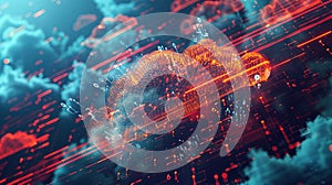 An abstract visualization of cloud computing with digital elements representing data processing and AI operations in the
