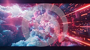 Abstract visualization of cloud computing with digital elements representing data processing and AI operations
