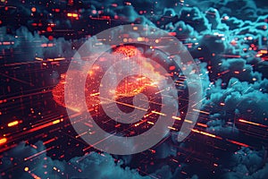 An abstract visualization of cloud computing, featuring a glowing cloud and digital elements representing data