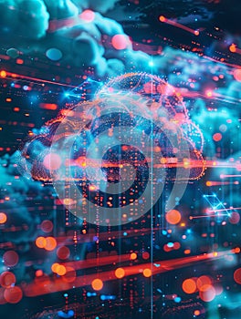 Abstract visualization of cloud computing, featuring glowing digital elements representing data processing and AI