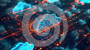 An abstract visualization of cloud computing, showcasing digital elements representing data processing and AI operations
