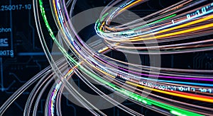 Fiber Optic Cables Glowing with Data, Binary Code, Digital Network, Technology Background